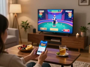 Player enjoying the 88aa1 casino app on a smartphone in a cozy home setting with inviting atmosphere