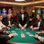 Playing blackjack at GG88 casino with dealer and focused players amidst an elegant setting.