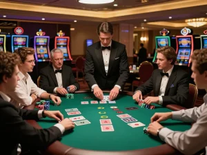 Playing blackjack at GG88 casino with dealer and focused players amidst an elegant setting.