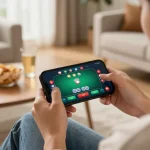Tg888 player enjoying a poker game on smartphone in cozy living room setting