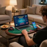 MM88 player enjoying blackjack on a laptop in a cozy home, showcasing a strategic online gaming experience
