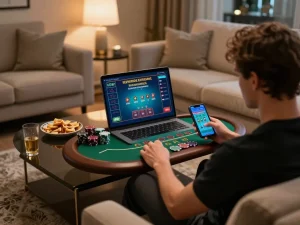 MM88 player enjoying blackjack on a laptop in a cozy home, showcasing a strategic online gaming experience
