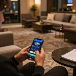 FAFA828 user engaging with mobile casino app, showcasing strategic gameplay in a cozy setting