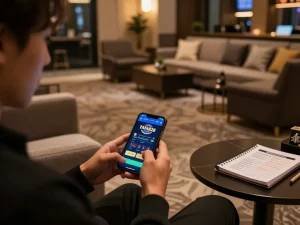 FAFA828 user engaging with mobile casino app, showcasing strategic gameplay in a cozy setting