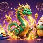 Tham gia với m88 cá cược trực tuyến với hình ảnh con rồng huyền bí và các yếu tố trò chơi trong một cảnh casino đầy hứng khởi.