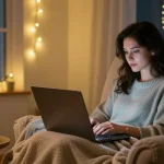 A person enjoying an AI girlfriend experience on their laptop in a cozy, intimate setting with warm lighting.