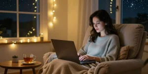 A person enjoying an AI girlfriend experience on their laptop in a cozy, intimate setting with warm lighting.