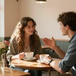 A couple sharing a laugh over coffee, conveying a crush on each other in a cozy café setting.