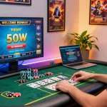 Engaging atmosphere of credit card casinos featuring an excited player at a gaming desk with casino paraphernalia.