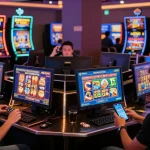 Exciting bonus buy slots at chagency.co.uk scene showing diverse players engaging with vibrant online slot machines in a lively casino.