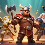 Cổng game Sunwin features an energetic 3D scene with a Viking bear and Valkyrie eagle amidst sports elements.