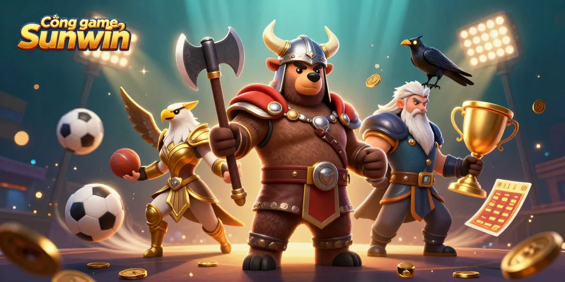 Cổng game Sunwin features an energetic 3D scene with a Viking bear and Valkyrie eagle amidst sports elements.