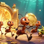 Engaging illustration of tài xỉu sunwin with ants and a grasshopper amid vibrant casino elements.