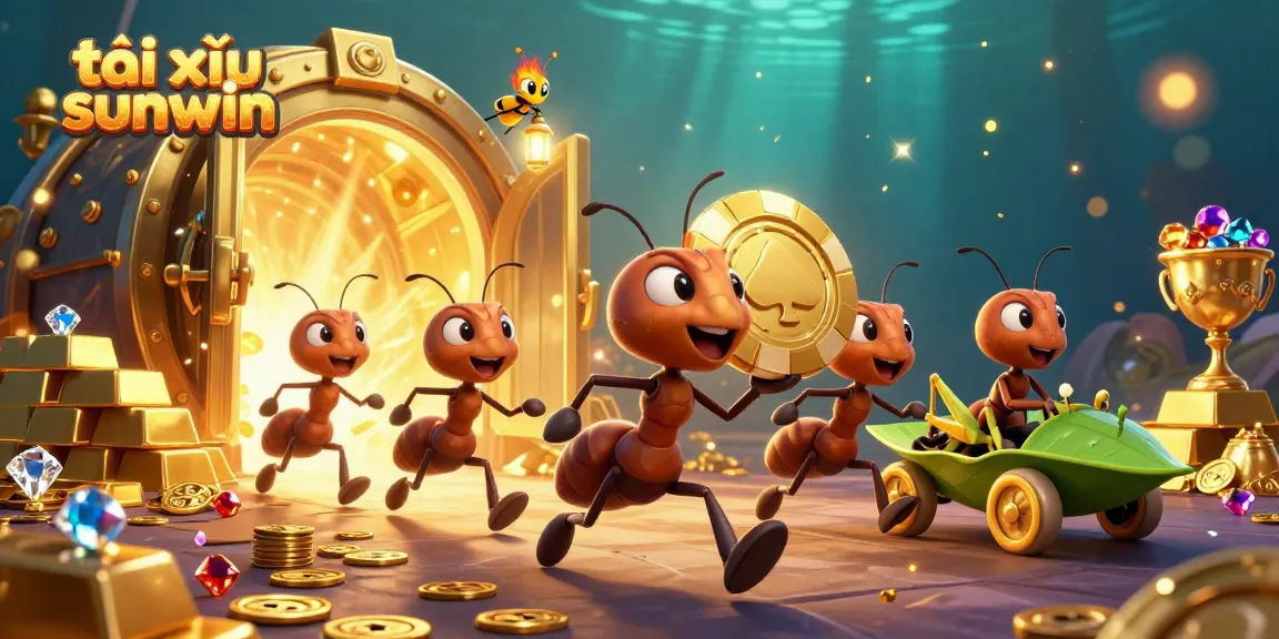 Engaging illustration of tài xỉu sunwin with ants and a grasshopper amid vibrant casino elements.
