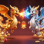 Win79 presents twin dragons breathing fire and ice amidst a treasure-filled casino scene.