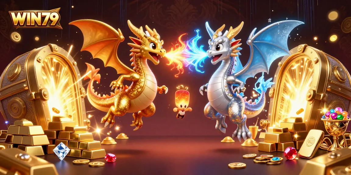 Win79 presents twin dragons breathing fire and ice amidst a treasure-filled casino scene.