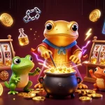Menangkan slot online gacor dengan ilustrasi 3D yang menampilkan alkemis dan koin Bitcoin.