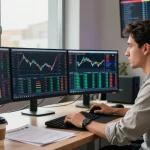 Трейдер за компьютером на битмекс бирже, анализирующий графики криптовалют.