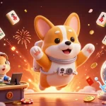 Engage with sunwin chính thức in a vibrant 3D casino scene featuring a floating corgi and casino tokens.