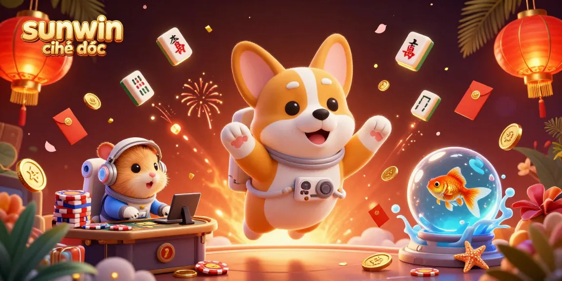 Engage with sunwin chính thức in a vibrant 3D casino scene featuring a floating corgi and casino tokens.