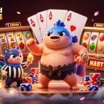 Engage in the colorful action at credit card casinos with a dynamic underwater scene of a fugu in a sumo wrestling belt.