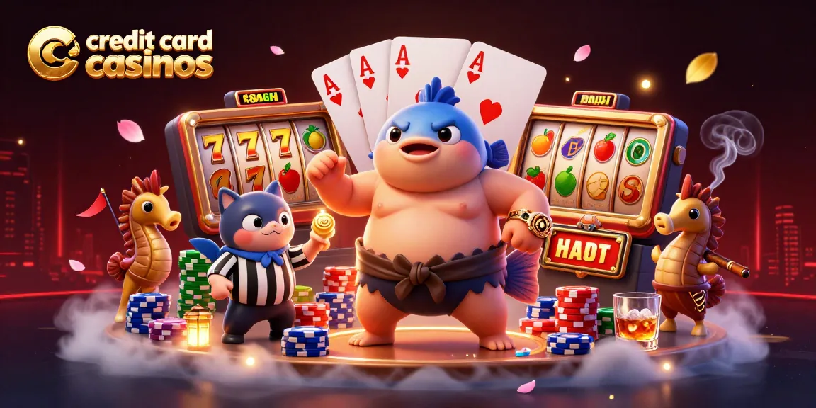 Engage in the colorful action at credit card casinos with a dynamic underwater scene of a fugu in a sumo wrestling belt.