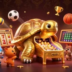 Experience the vibrant gaming world at ecpc with a colossal golden tortoise pinball machine in a dynamic casino scene.