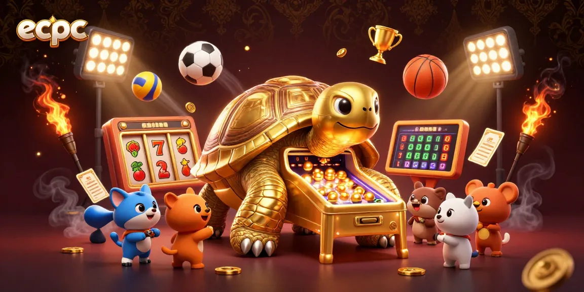 Experience the vibrant gaming world at ecpc with a colossal golden tortoise pinball machine in a dynamic casino scene.