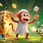 Engage in judi bola with a mischievous monkey juggling golden treasures in a fun betting scene.