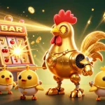 Tài xỉu sunwin featuring a vibrant 3D illustration of a golden rooster robot and baby chick drones amid casino action.