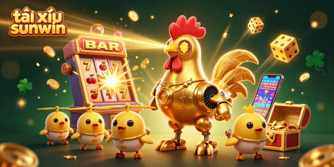 Tài xỉu sunwin featuring a vibrant 3D illustration of a golden rooster robot and baby chick drones amid casino action.