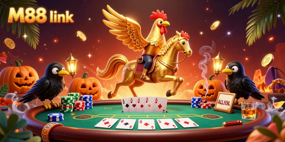 Experience the excitement of M88 link with golden rooster characters in a vibrant casino setting.