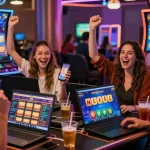 Players enjoying bonus buy slots at https://ampika.co.uk/ celebrating wins in a vibrant online casino environment.