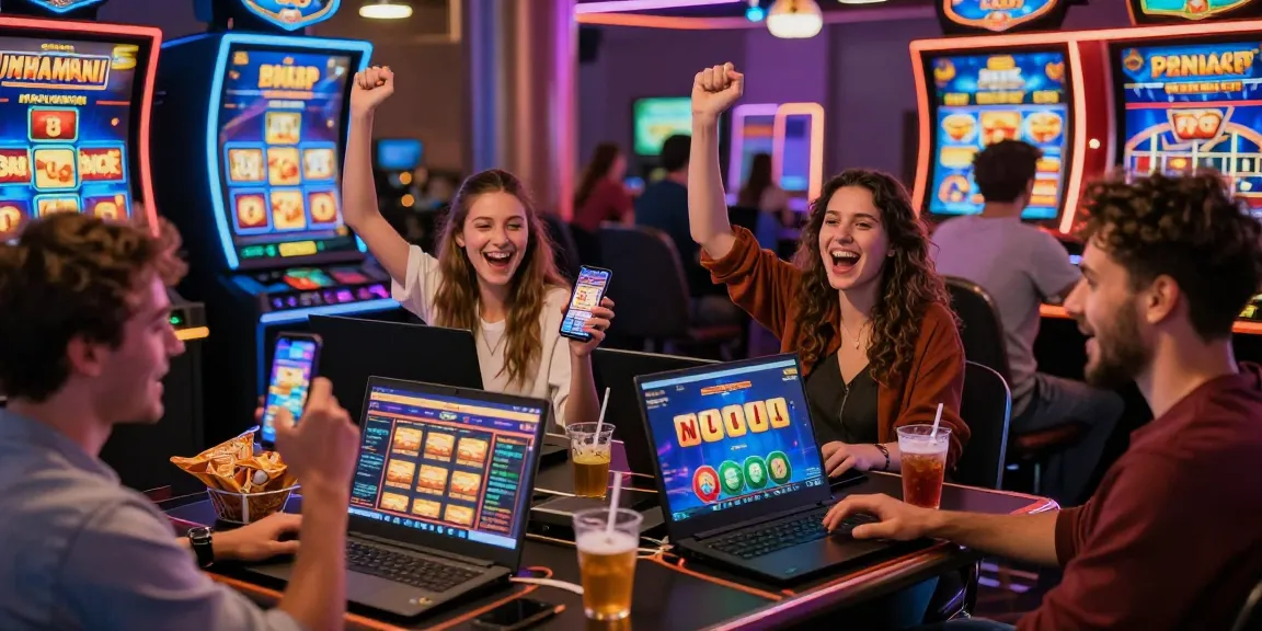 Players enjoying bonus buy slots at https://ampika.co.uk/ celebrating wins in a vibrant online casino environment.