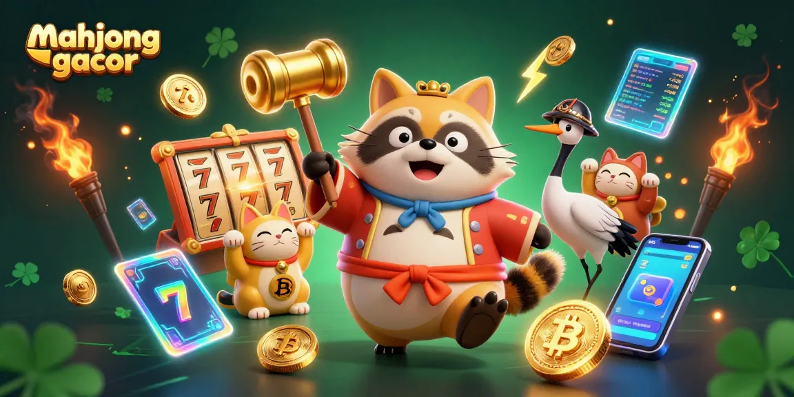 Engage with mahjong gacor in this vibrant 3D scene featuring a cheerful tanuki, lucky symbols, and crypto elements.