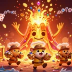 Pemain slot jackpot merayakan kemenangan besar dengan koin dan harta karun berlimpah.
