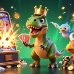 Permainan slot online gacor yang mengasyikkan dengan T-Rex, pterodactyl, dan triceratops menciptakan suasana ceria di kasino.