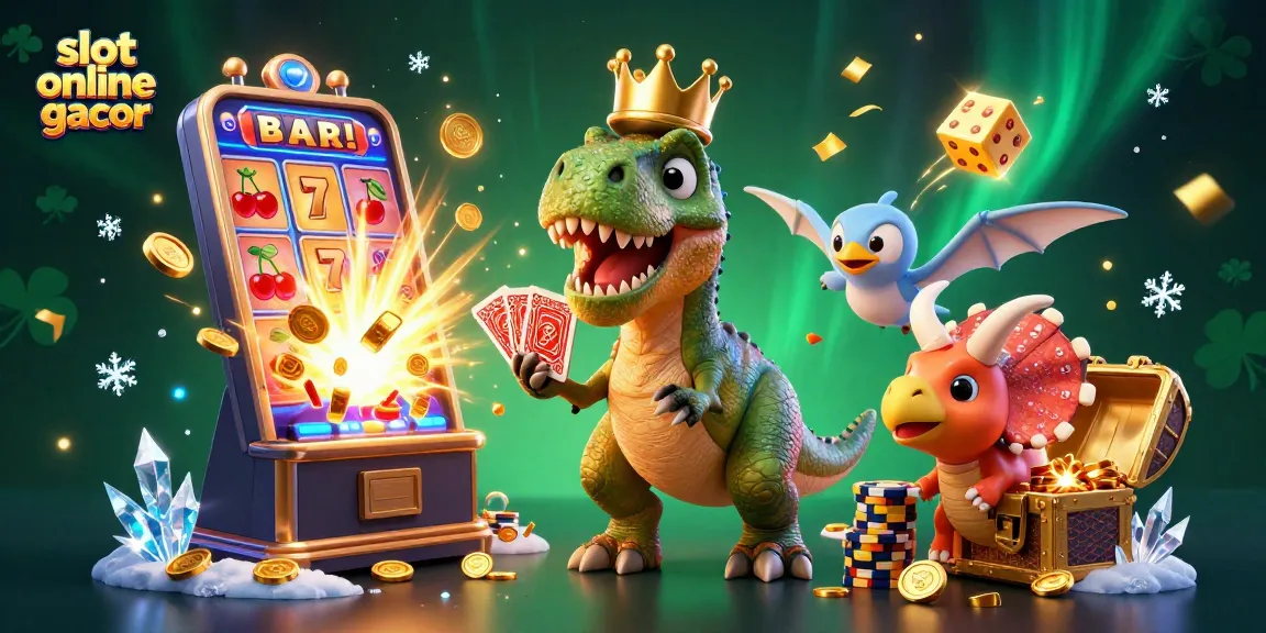 Permainan slot online gacor yang mengasyikkan dengan T-Rex, pterodactyl, dan triceratops menciptakan suasana ceria di kasino.
