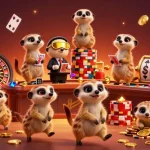 SHBET casino scene featuring meerkats as dealers, surrounded by vibrant gaming elements and golden coins.