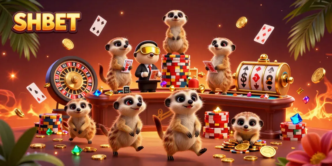 SHBET casino scene featuring meerkats as dealers, surrounded by vibrant gaming elements and golden coins.