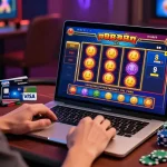 Excited player exploring casinos that accept credit card, with vibrant game graphics and credit cards visible in a cozy gaming setup