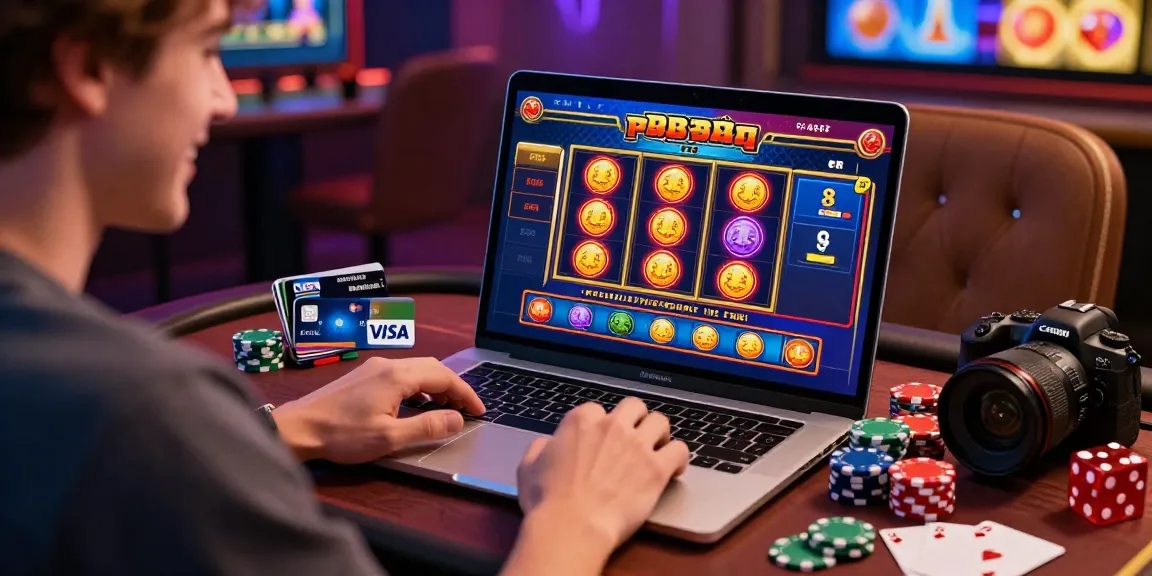 Excited player exploring casinos that accept credit card, with vibrant game graphics and credit cards visible in a cozy gaming setup