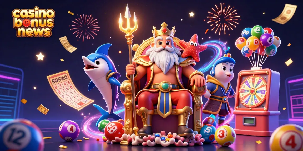 Experience the best casino bonus news with vibrant scenes of Neptune, luck symbols, and gaming excitement!