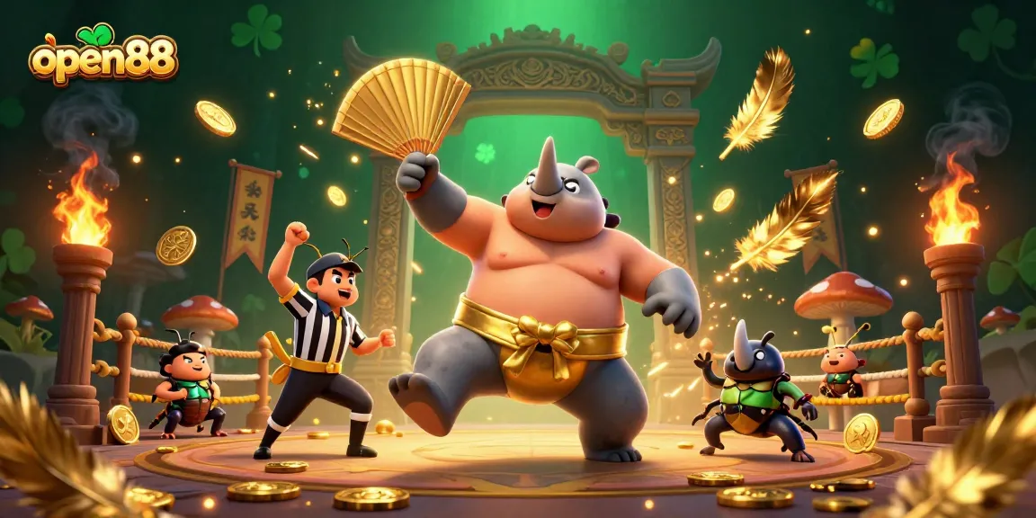 Experience the excitement at open88 with dynamic beetles battling in a colorful casino scene.