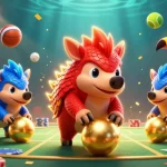 Engage in judi bola excitement with vibrant pangolins and dynamic sports elements in a 3D scene.