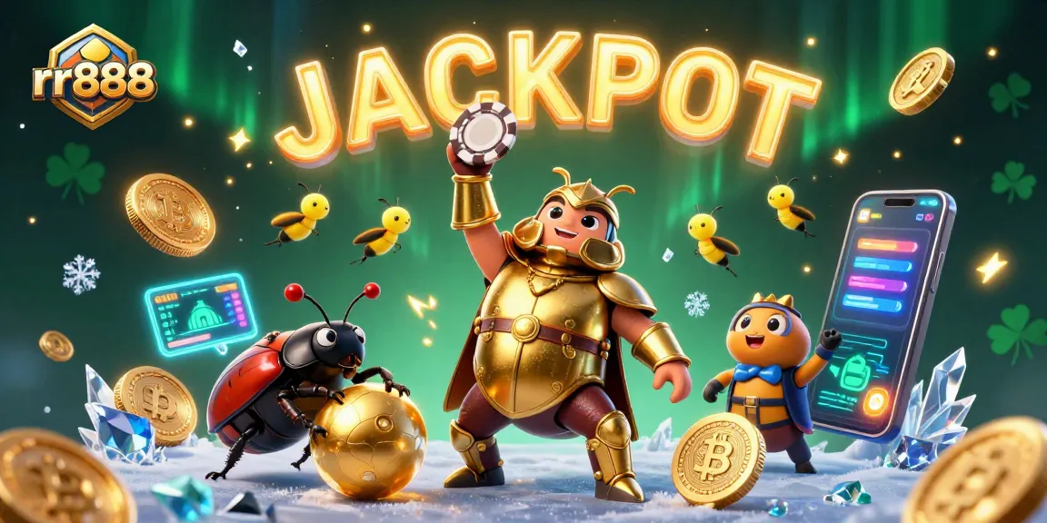 Win big at rr888 with a dynamic casino scene featuring victorious cartoon characters and crypto elements.
