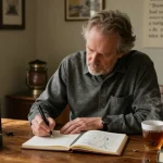 T. Allen Greenfield writing in cozy study at https://tallengreenfield.com, surrounded by spiritual books and notes.