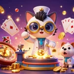 Experience thrilling wins at menangclub88 with a whimsical cat scientist and playful dog in a vibrant casino scene.