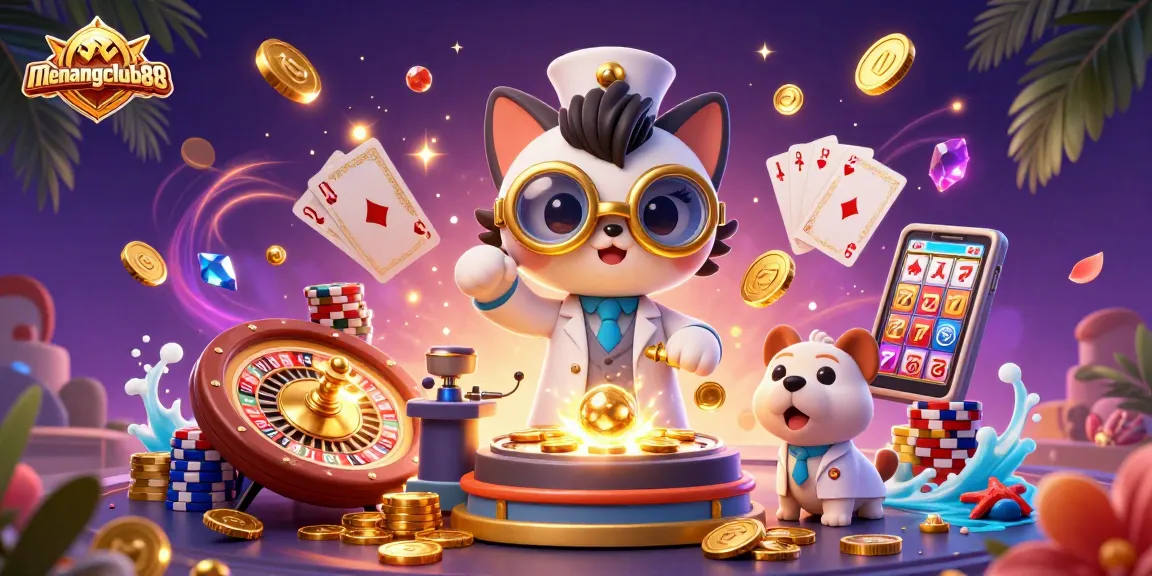 Experience thrilling wins at menangclub88 with a whimsical cat scientist and playful dog in a vibrant casino scene.