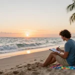 Pelancong di pantai Miami dengan jurnal terbuka dan pemandangan matahari terbit, https://miami4d.com/ menginspirasi.